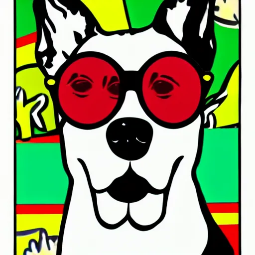 Prompt: a happy dog with sunglasses in the style of pop art