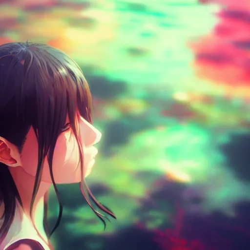 Image similar to photorealistic dramatic liquids anime people render, colorful, atmosphere cinematic, by wlop, by ilyu kuvshinov, by makoto shinkai, shadows, artstation, super detailed, unreal engine 5, octane render, vfx, houdini, 8 k, super realistic