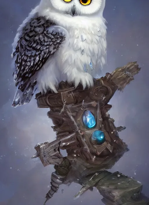 Image similar to cute little anthropomorphic snowy owl poet wearing forgotten crystal, tiny, small, miniature animal, baby animal, short, pale blue armor, cute and adorable, pretty, beautiful, DnD character art portrait, matte fantasy painting, DeviantArt Artstation, by Jason Felix by Steve Argyle by Tyler Jacobson by Peter Mohrbacher, cinematic lighting