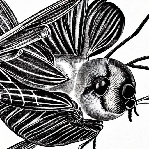 Prompt: house fly, black and white, botanical illustration, black ink on white paper, bold lines