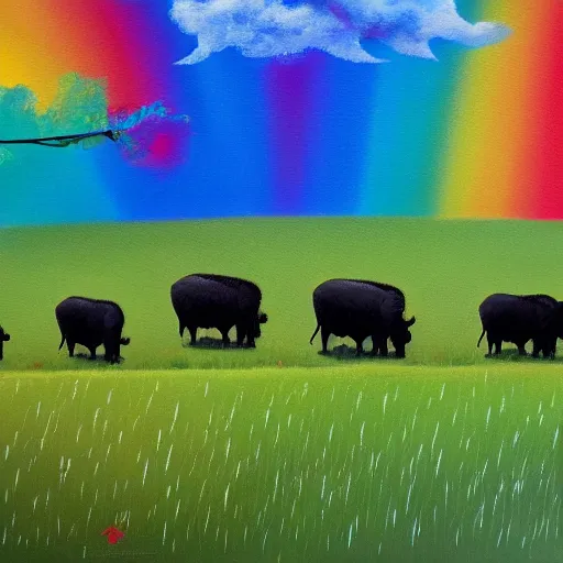 Image similar to buffalos grazing a field of umbrellas with a waterfall and a rainbow in the background, oil on canvas