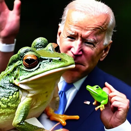 Image similar to joe biden kissing a frog as it turns into a princess