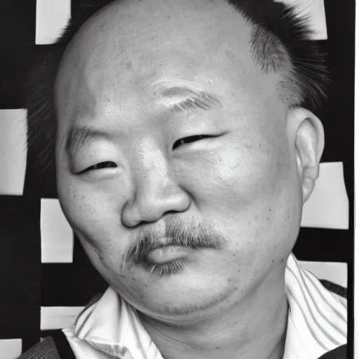 Prompt: photo portrait of Bobby Lee, black and white, Kodak Ultra F9, 35mm