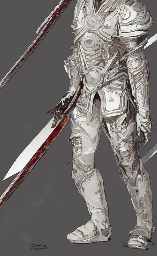 Image similar to a top view shot of a man in white futuristic armor, holding a white katana , alphonse mucha , greg rutowski, illustration, science fiction, concept art, digital painting, Trending on artstation