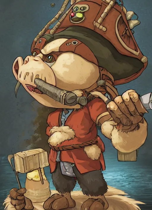 Image similar to studio ghibli pathfinder 2 e bestiary illustration of a goblin mixed with a monkey smoking a cigar, pirate themed, character portrait, unreal engine, hyper realism, realistic shading, cinematic composition, realistic render, octane render, detailed textures, photorealistic, wide shot