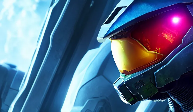 Image similar to cyberpunk halo helmet on space, planet behind, close shot, reflection, epic, dramatic, cinematic, award winning, ultra detailed, realistic, 8k,