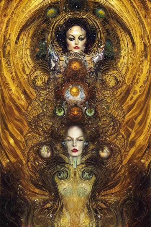 Image similar to Divine Chaos Engine by Karol Bak, Jean Deville, Gustav Klimt, and Vincent Van Gogh, beautiful visionary mystical portrait, sacred, otherworldly, fractal structures, ornate gilded medieval icon, third eye, spirals