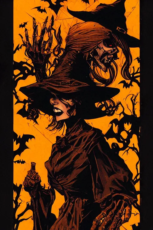 Image similar to witch, detailed, comic book texture, halloween night, 4 k symmetrical portrait, ashley wood, mike mignola, trending on artstation, norman saunders