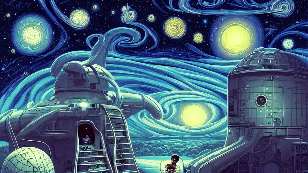 Prompt: elon musk at starbase by cyril rolando and naomi okubo and dan mumford and ricardo bofill. lovecraft. lovecraftian. starry night swirly sky.