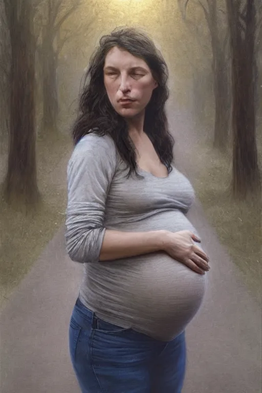 Prompt: pregnant woman under street light, jeans and sweater, by Alyssa Monks, Bouguereau
