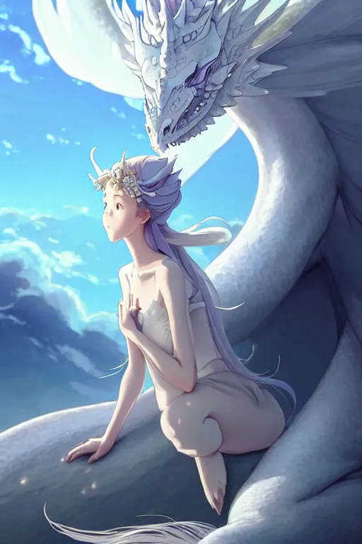 Image similar to beautiful scene render that a princess rely on a huge silver white dragon back, finely detailed angelic face delicate features, in the fairyland surrounded by white clouds, perfectly shaded, atmospheric lighting, style of makoto shinkai and peter mohrbacher, studio ghibli. artgerm, karol bak, beeple, animation style, 4 k hd, hyper detailed