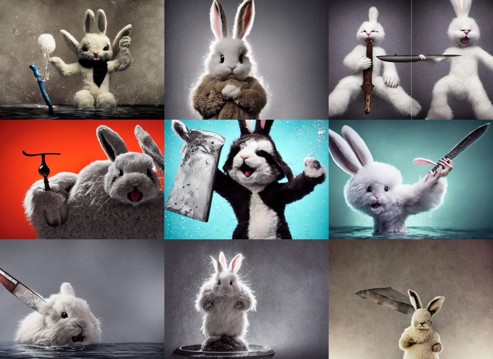 Prompt: a cute fluffy bunny with an insane expression, stands in a pool of water, holding a black steel bowie knife. dance photography, character concept art, intricate highly detailed 8 k, surreal portrait photography, preston blair, tex avery, artforum aesthetic, juxtapoz aesthetic, yin yang dalip singh