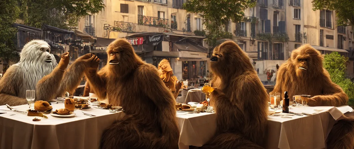 Image similar to accidentally wes anderson award - winning photograph of yeti and bigfoot eating lung outside paris restaurant, accidental renaissance, golden ratio, fibonacci composition, 4 k, detailed, art by greg rutkowsky, trending on artstation, cinematic lighting, filmic grain, golden hour, detailed, 4 k