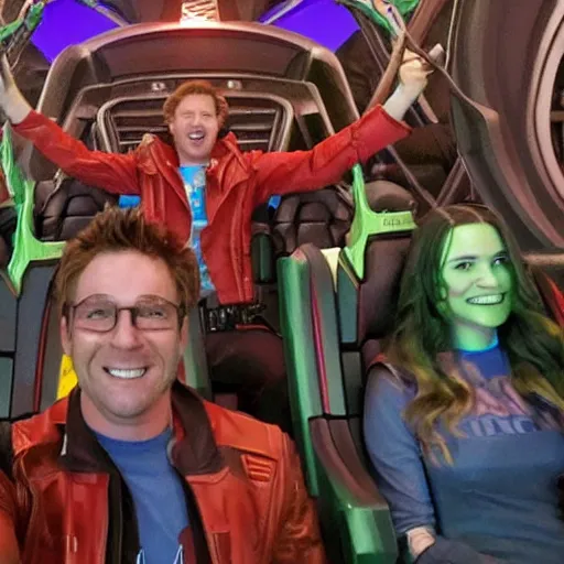 Image similar to the guardians of the galaxy riding a roller coaster