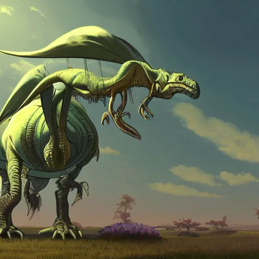 Prompt: concept art painting of alien dinosaurs, detailed, cel shaded, in the style of makoto shinkai and moebius and james gurney