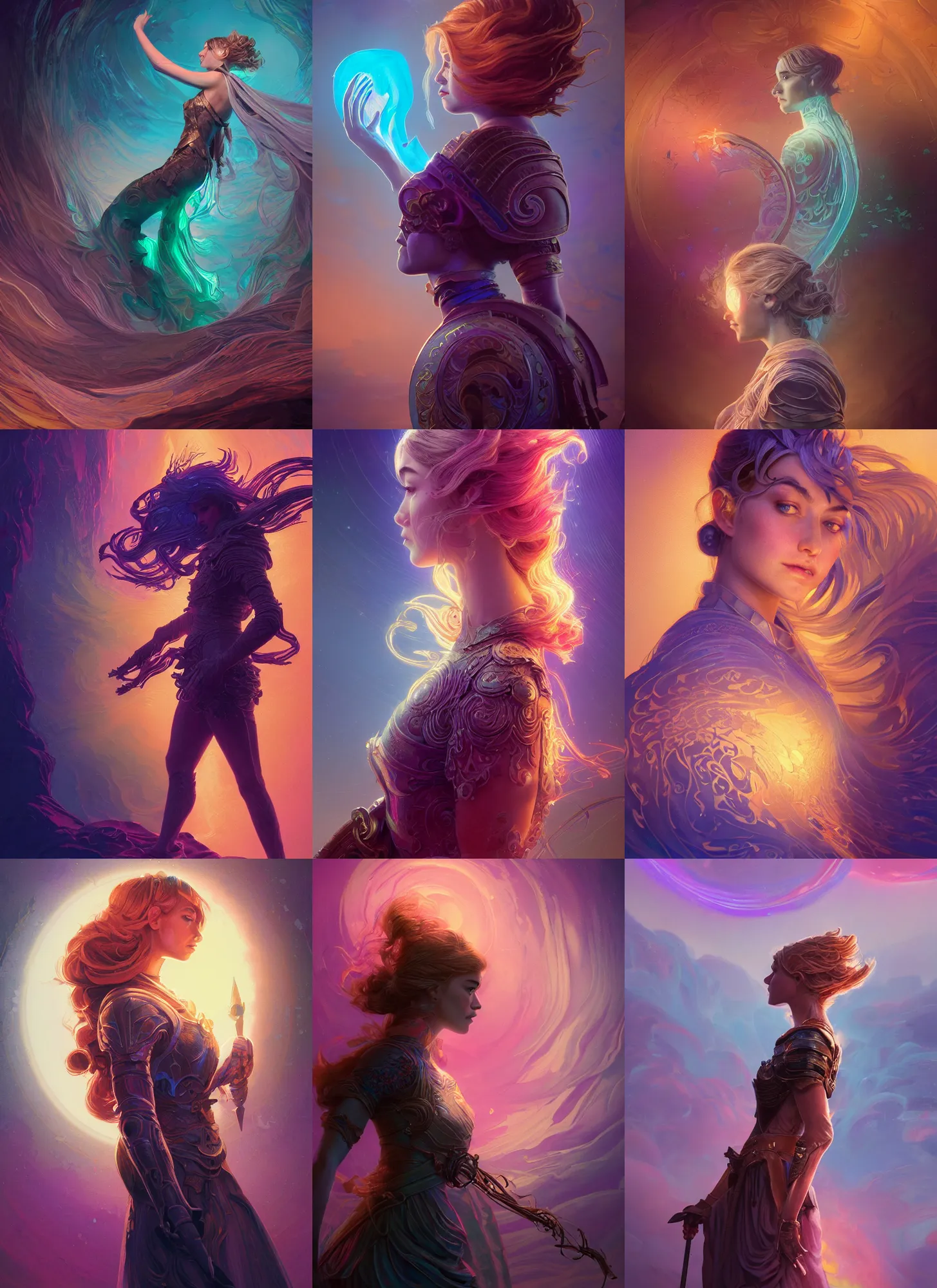 Image similar to side portrait, imogen poots paladin, gloomhaven, soft, smooth, luminescent, art nouveau tarot, backlit glow, colorful swirly ripples, gaudy colors, aesthetic octane render, unreal engine, 8 k, by greg rutkowski, jesper ejsing, rhads, lois van baarle, ilya kuvshinov