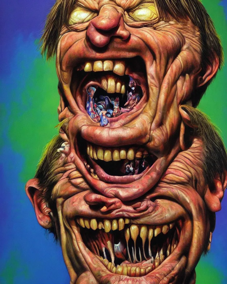 Prompt: hyper realistic painting, head of mark e smith from the fall laughing maniacally, outer glow, by simon bisley, lisa frank, chuck close and richard corben, very intense, depth of field, depth perception, hyperdetailed, rich deep vivid colours, sharp focus, directional lighting