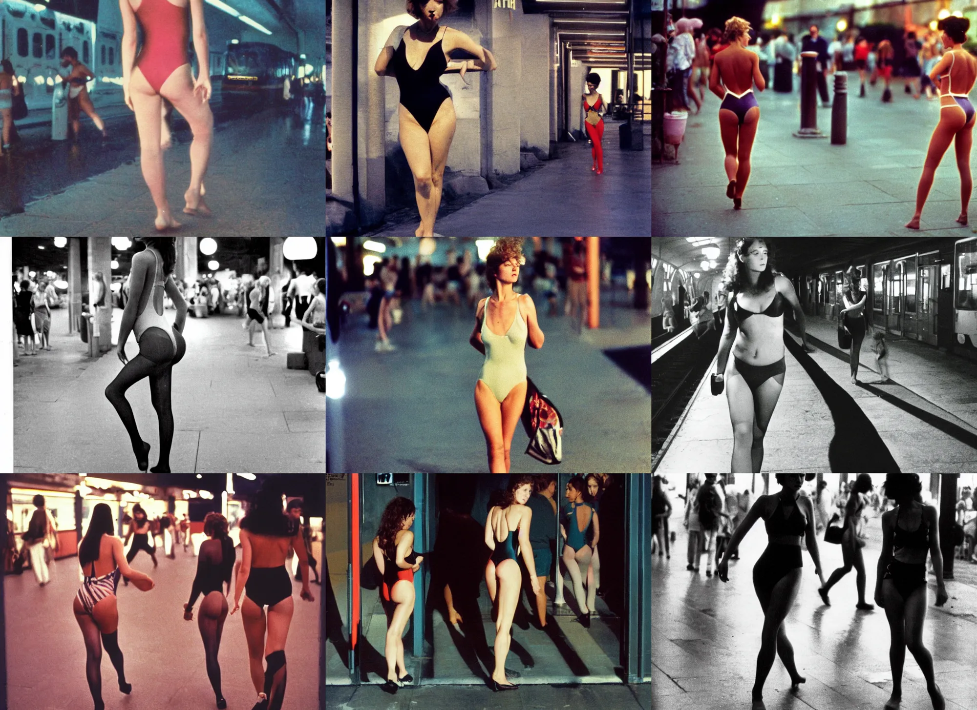 Prompt: color photograph portrait of a beautiful woman in swimsuit walking in the station, tights, people, night, summer, dramatic lighting, 1 9 9 0 photo from live magazine.