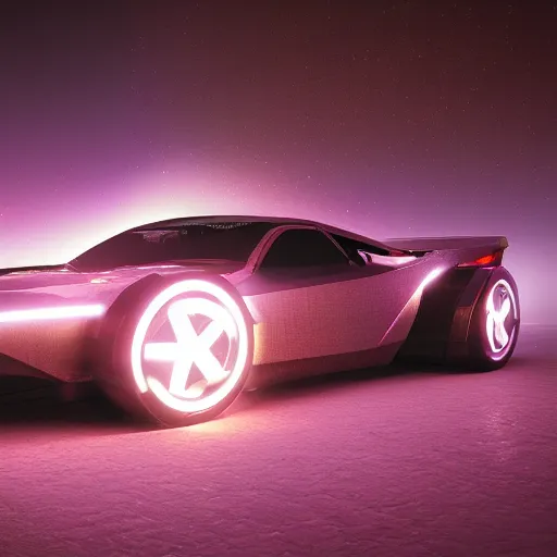 Prompt: cyberpunk neon car glowing against a desert background, nighttime photography, ray tracing, rtx, 4 k