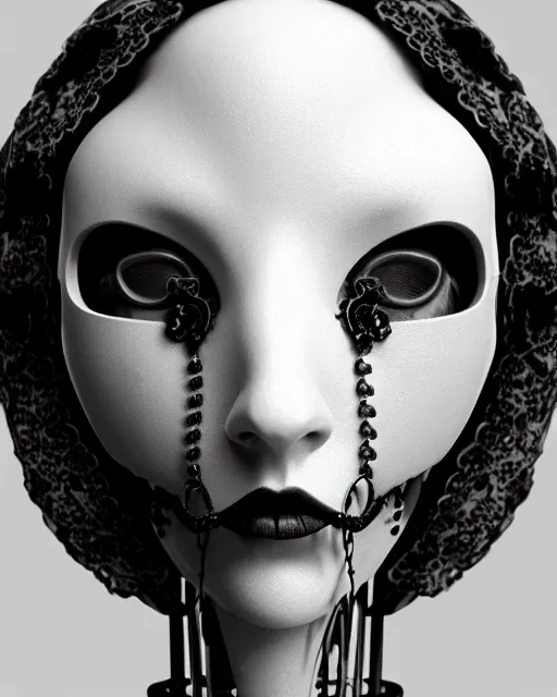 Image similar to black and white dreamy foggy smoky profile face portrait, one silver steampunk realistic eye biomechanical beautiful young female cyclope - cyborg - robot bust, body ribs meshes,, volumetric light, hibiscus flowers, by hg giger, rim light, by dora maar and cecile beaton, big gothic fashion pearl embroidered collar, 8 k