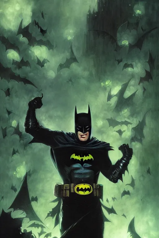 Prompt: angry batman, with dark ghost smokes around, green scary lights, dark fantasy color scheme, gaston bussiere, craig mullins, j. c. leyendecker, cinematic, mysterious, artgem, unreal engine