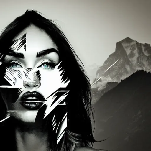 Image similar to double - exposure effect of megan fox face in the shape of beautiful mountains, in the style of dan mountford, amazing detail, black and white