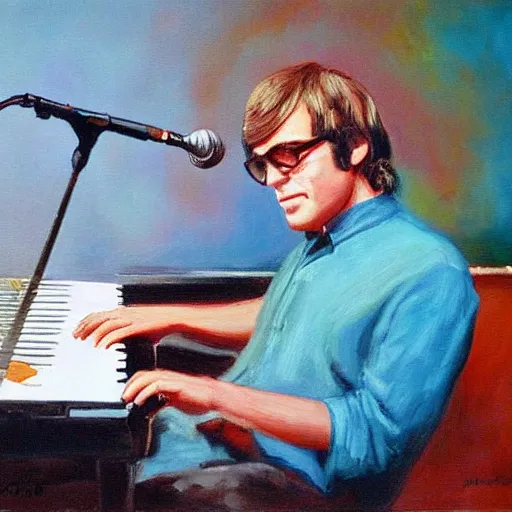 Image similar to John Sebastian playing keyboard on stage in 1967, oil painting, high detail, museum quality