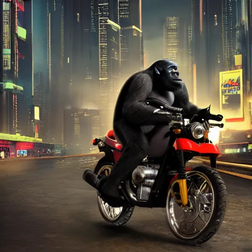 Image similar to a gorilla is riding a motor cycle in a cyberpunk city