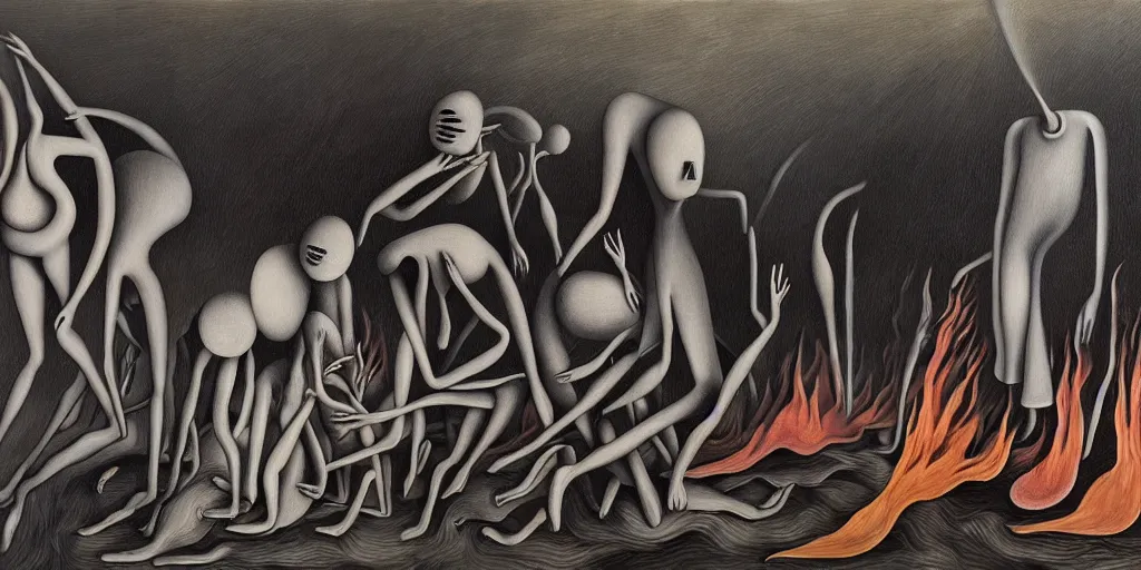 Image similar to despair, pain, anguish, fire, drowining, failure, isolation, detailed texured painting by surrealist master yves tanguy, brushstrokes