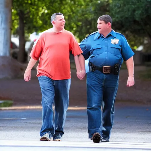 Prompt: Andy Griffith walking down the street, holding hands with George Zimmerman