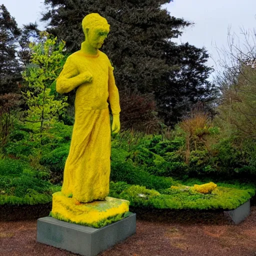 Prompt: statue with very yellow moss and yellow plants