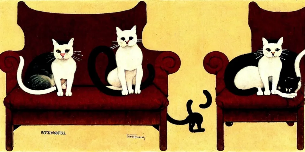 Image similar to two cats on an old armchair, style of norman rockwell