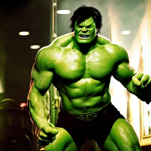 Image similar to Margot Robbie as real-life Hulk, cinematic, Wide-shot, atmospheric lighting, directed by Quentin Tarantino, extreme detail, 8K, movie still