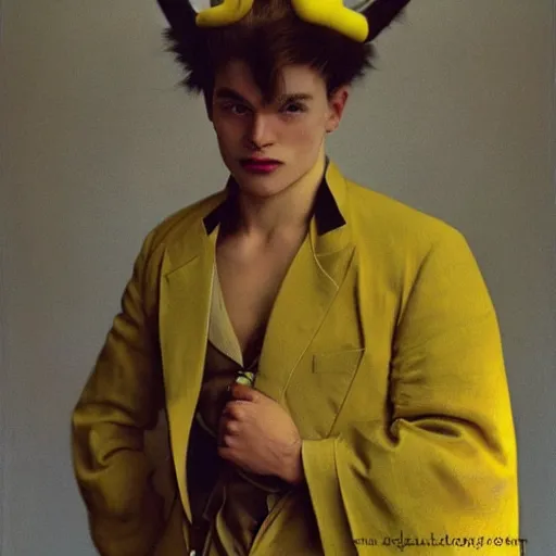 Prompt: elegant man dressed up as pikachu, art photo by Annie Liebovitz and Alphonse Mucha, glossy, sharp, clean, old fashion