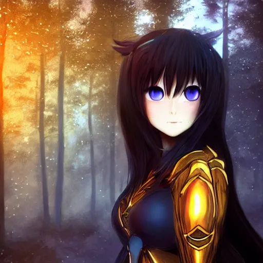 Image similar to focus face portrait of beautiful darkness knight 3D anime girl, golden armor wearing, dark forest background, snowing, bokeh, inspired by Masami Kurumada, digital painting, high contrast, unreal engine render, volumetric lighting, high détail