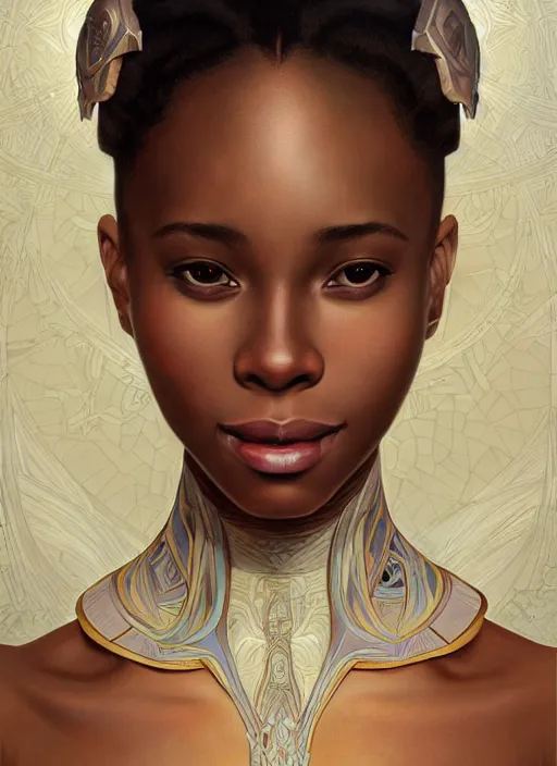 Image similar to ultra realistic illustration, smiling nubian prima ballerina, sci - fi, fantasy, symmetrical face, intricate, elegant, highly detailed, digital painting, artstation, concept art, smooth, sharp focus, illustration, art by artgerm and alphonse mucha