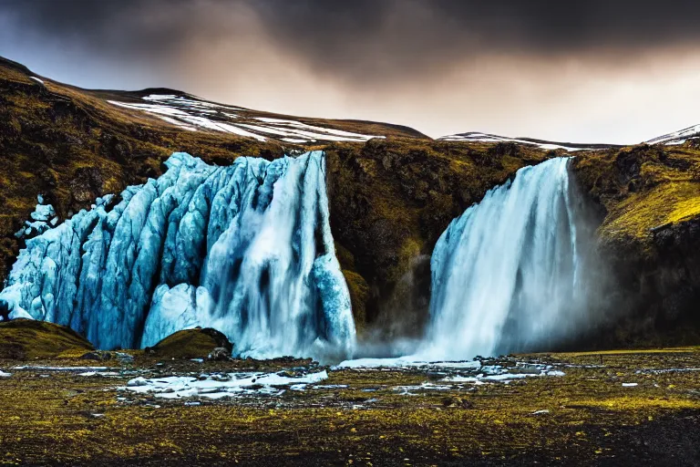 Image similar to photo of a landscape with mountains with waterfalls and snow on top, wallpaper, iceland, new zeeland, professional landscape photography, sunny, day time, beautiful