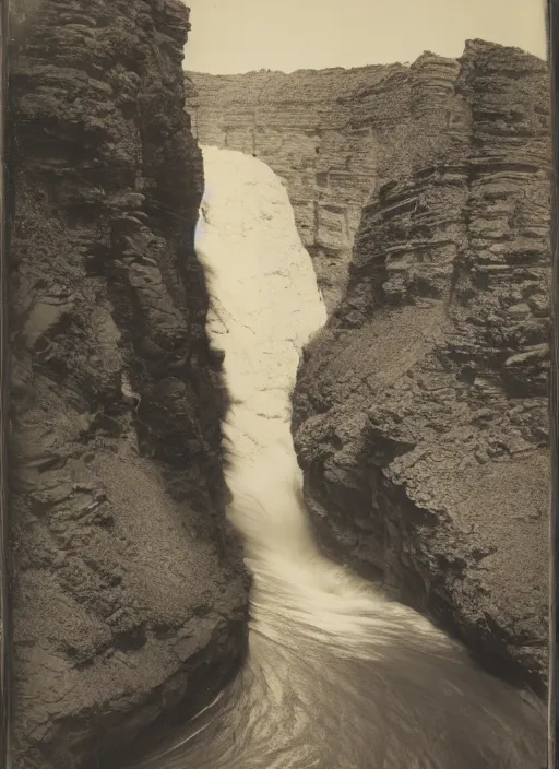 Prompt: Photograph of rushing water at the bottom of a Canyon, huge cliffs, sparse desert vegetation, albumen silver print, Smithsonian American Art Museum
