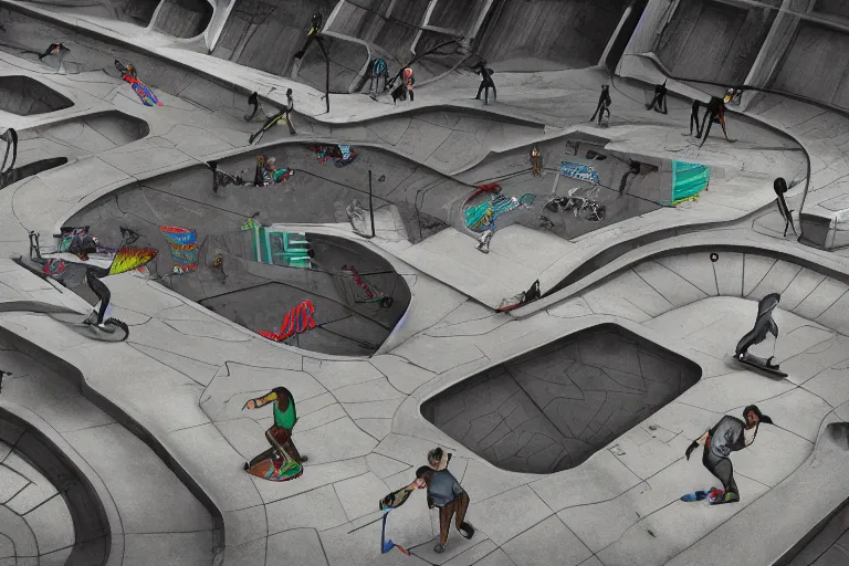 Prompt: dystopian skatepark, digital art, highly detailed, sharp, 4 k