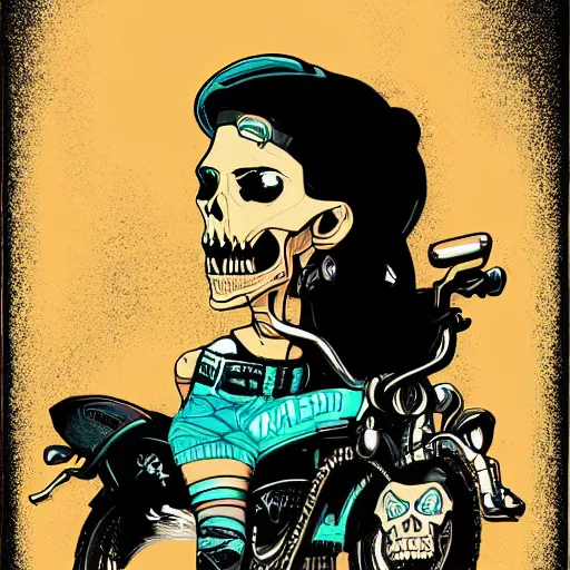 Image similar to portrait skull girl biker by petros afshar, tom whalen, laurie greasley, jc leyendecker and singer sargent