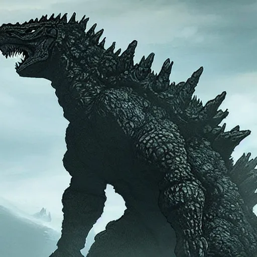 Image similar to Godzilla in the style of Shadow of the Colossus