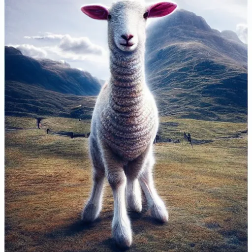 Image similar to lamb wearing a sweater, sweater, canon portrait, full body shot, 4k, hills in the background, symmetry!!, coherent, photorealistic, cold colors, Scotland artstation,