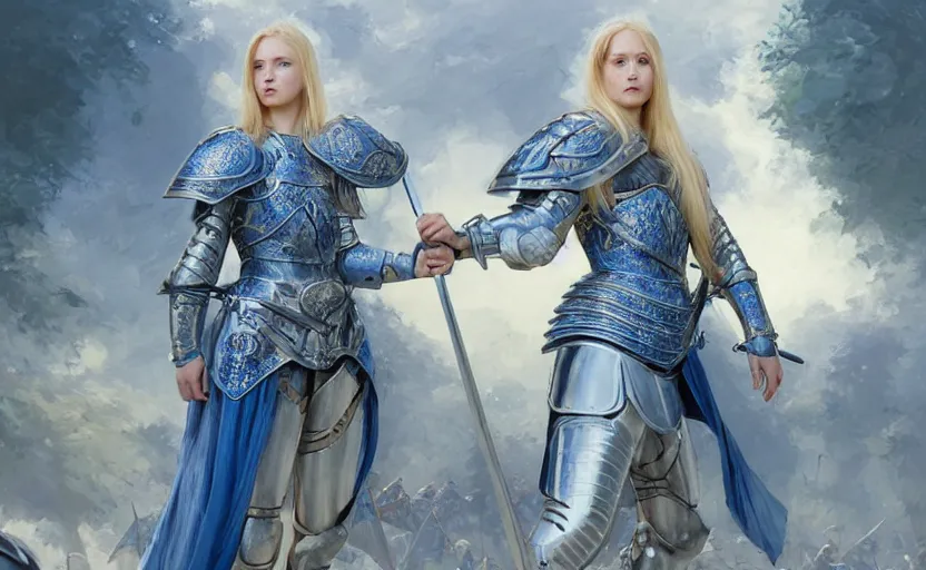 Image similar to young blonde female warrior in heavy blue and white armor, surrounded by crowd of knights, epic wallpaper, wide shot, high fantasy, flowers and trees, intricate detail, digital painting, artstation, concept art, smooth, sharp focus, illustration, art by monia merlo and wlop and artgerm and craig mullins