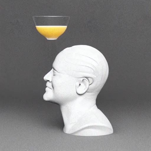 Image similar to a 3 d smiling model of a white marble human head holding a coctail, digital illustration, in the style of skeeva, 3 d render, above the waist