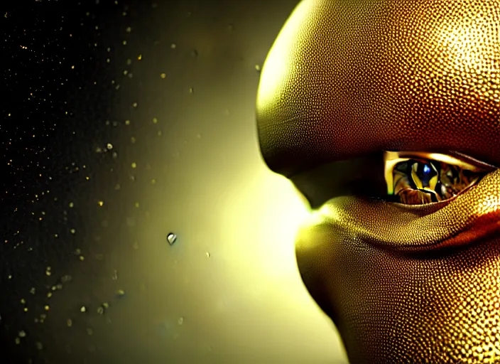 Image similar to hyperrealism, detailed textures, photorealistic 3 d render, an alien with gold eyes in a super star system from 5 million years ago, sharp focus, ultra realistic, ultra high pixel detail, cinematic, intricate, cinematic light, concept art, illustration, art station, unreal engine 8 k