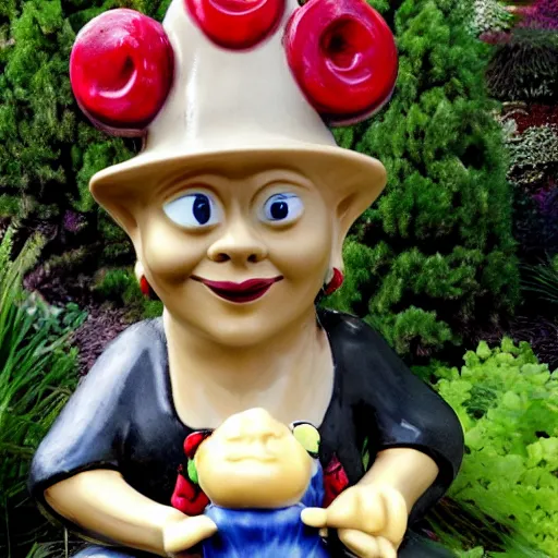 Prompt: photo of a ceramic garden gnome with the face of Lady Gaga