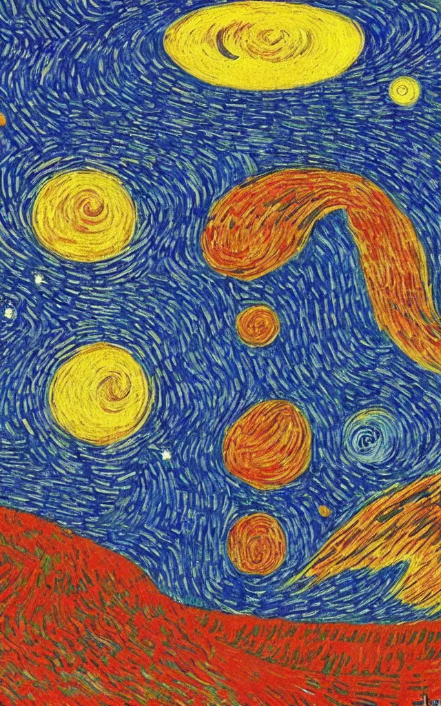 Prompt: planet earth seen from very very far away with the empty cosmic landscape on the background. retro art by jean giraud and van gogh.