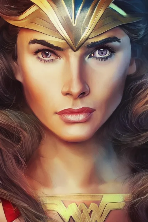 Image similar to portrait of a mix of beautiful young maria shriver, mariel hemmingway, brooke shields and elle macpherson as wonderwoman, thin lips, hair tied up in a pony tail, colorful artstation, cgsociety