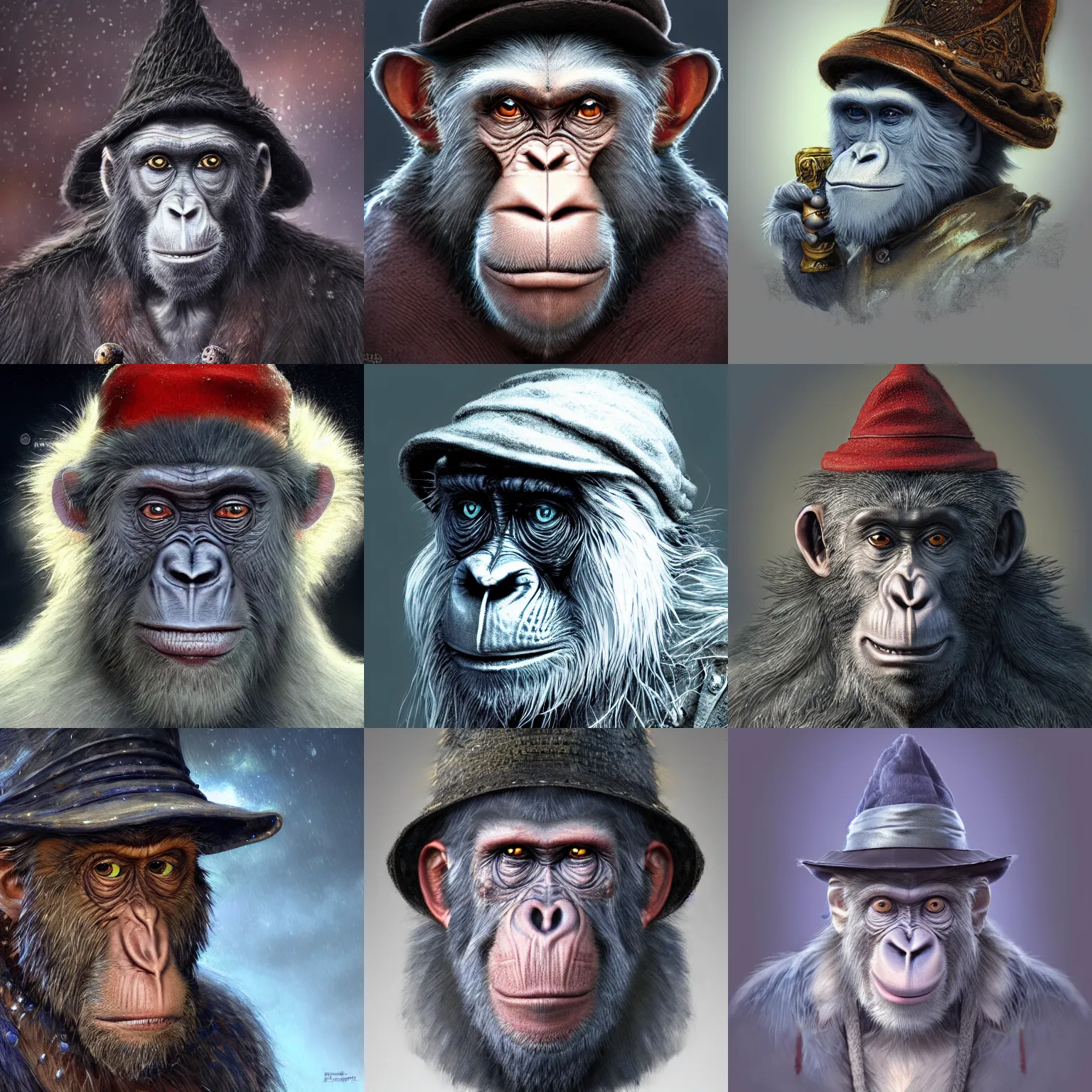 Image similar to a wlop 3 d render of very very very very highly detailed beautiful mystic portrait of a horror ape mage with stylish hat and frosty background by anton pieck, intricate, extremely detailed, micro detail, digital painting, artstation, concept art, smooth, sharp focus, illustration, intimidating lighting, incredible art,