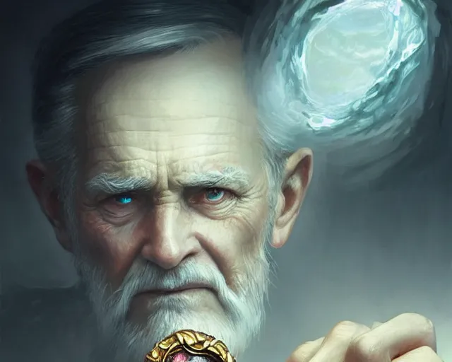 Image similar to old man with a ring on each finger, deep focus, d & d, fantasy, intricate, elegant, highly detailed, digital painting, artstation, concept art, matte, sharp focus, illustration, hearthstone, art by artgerm and greg rutkowski and alphonse mucha